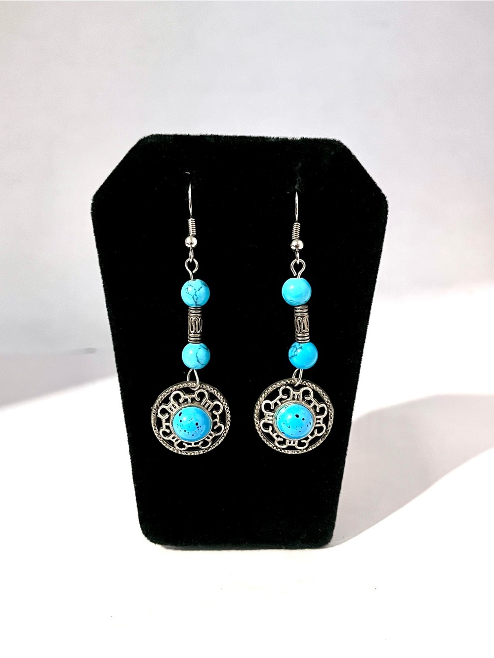 Turquoise Bead Silver Filigree Drop Earrings - Blue